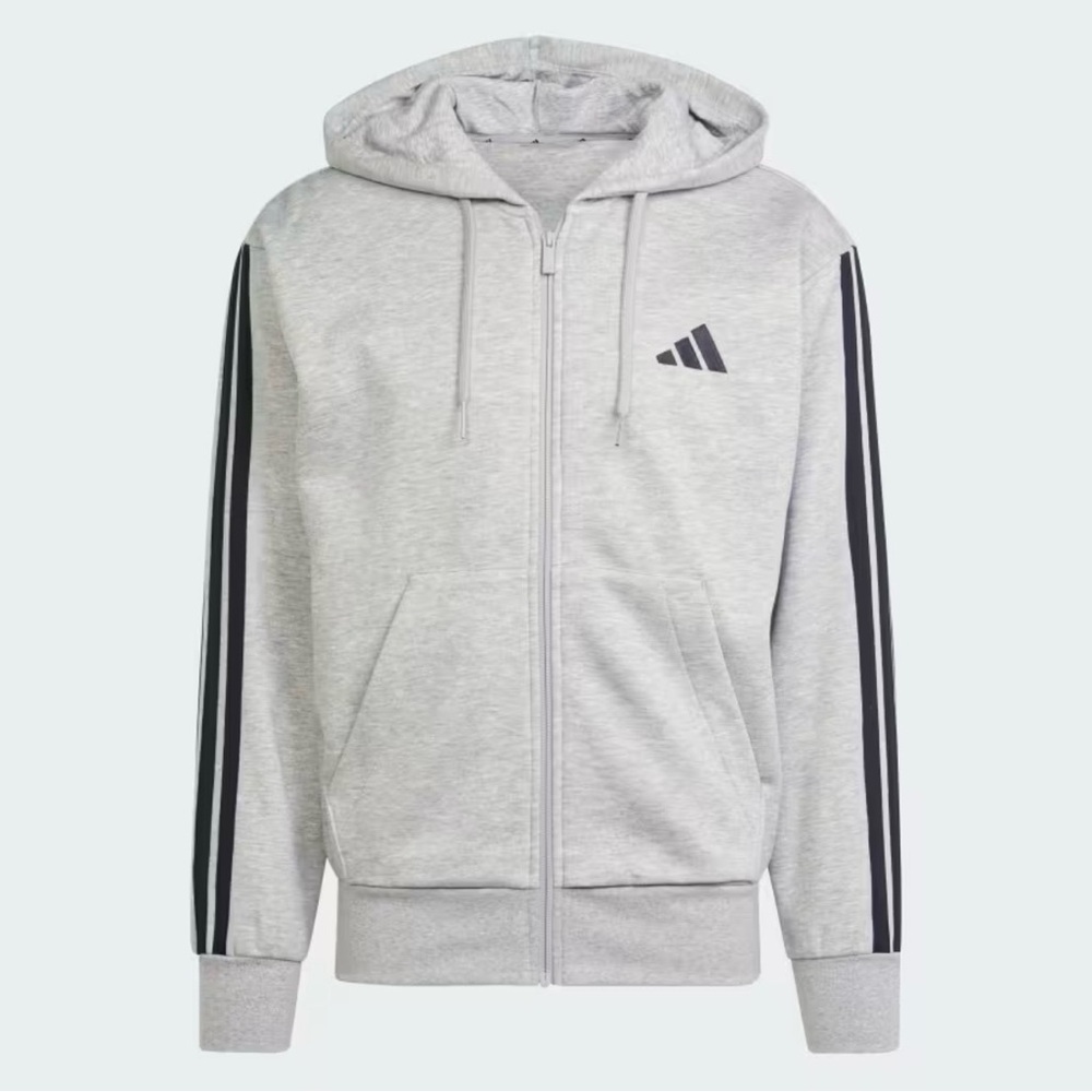 Adidas Essentials 3 Stripes Fleece Hoodie Light Gray With Black Stripes Large